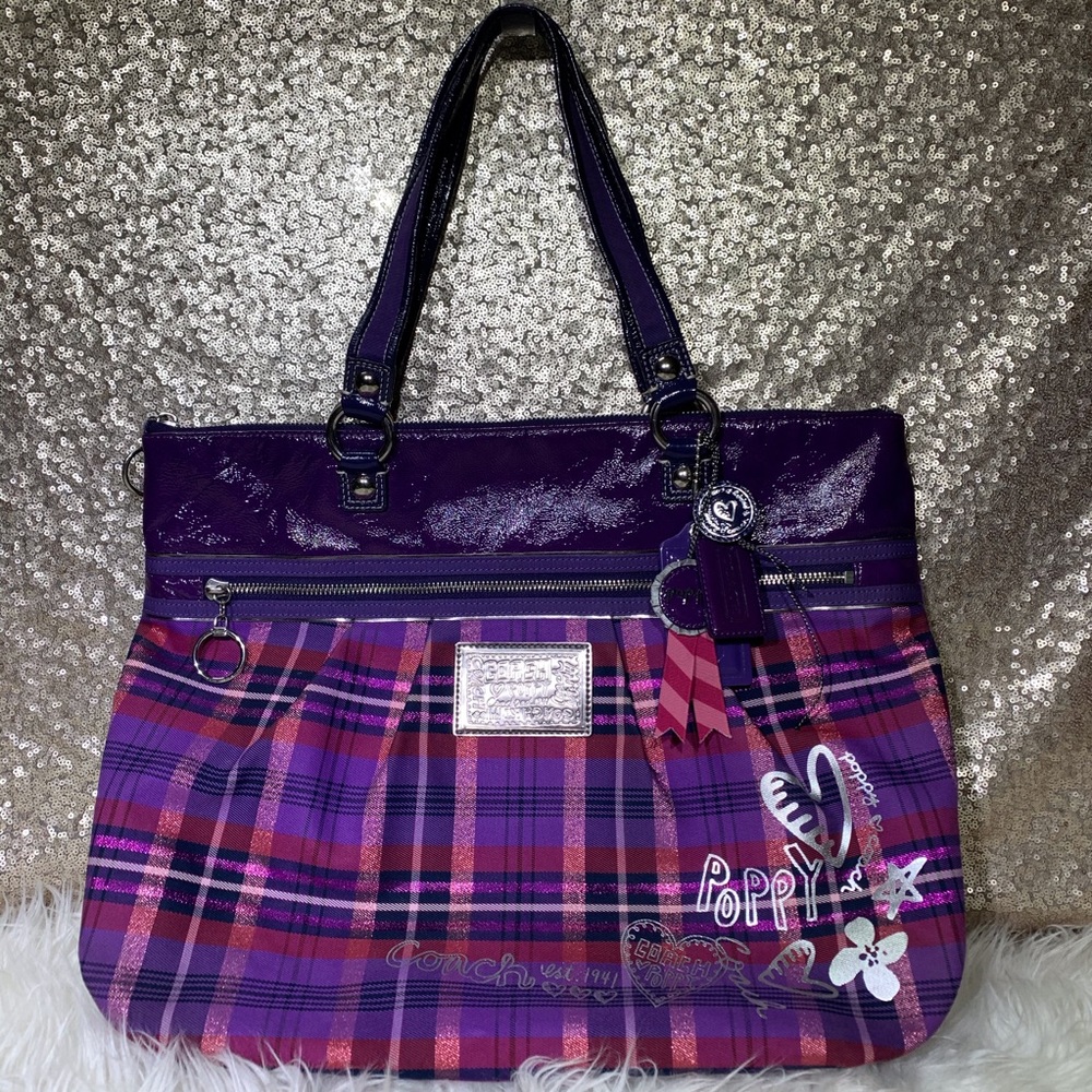 Coach Poppy Berry Tartan Plaid Glam Tote